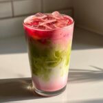 Close-up of a tall glass filled with a layered strawberry matcha latte with ice cubes, showing pink, green, and white layers.