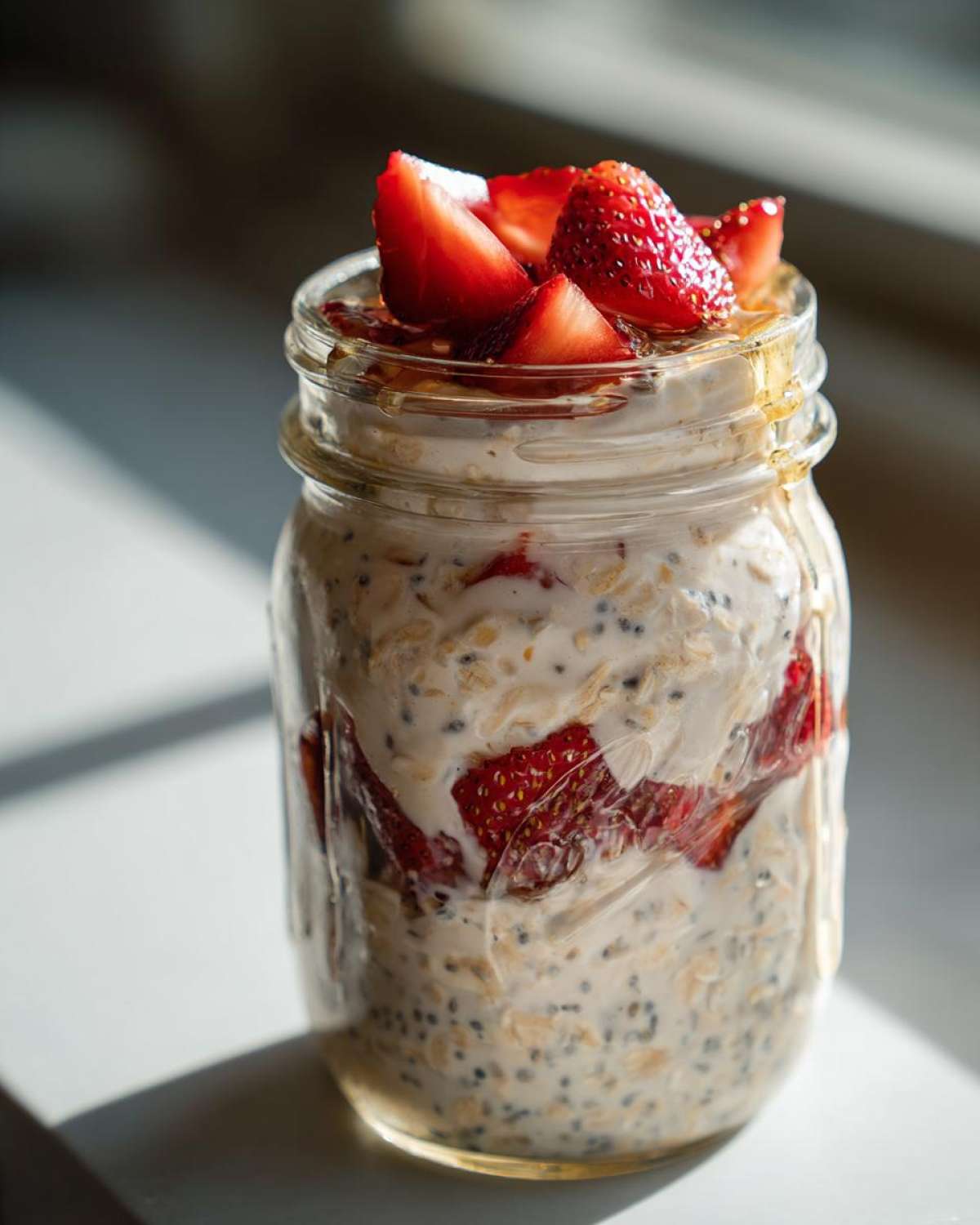 Close-up of overnight oats in a jar with fresh strawberries and a drizzle of honey on top.