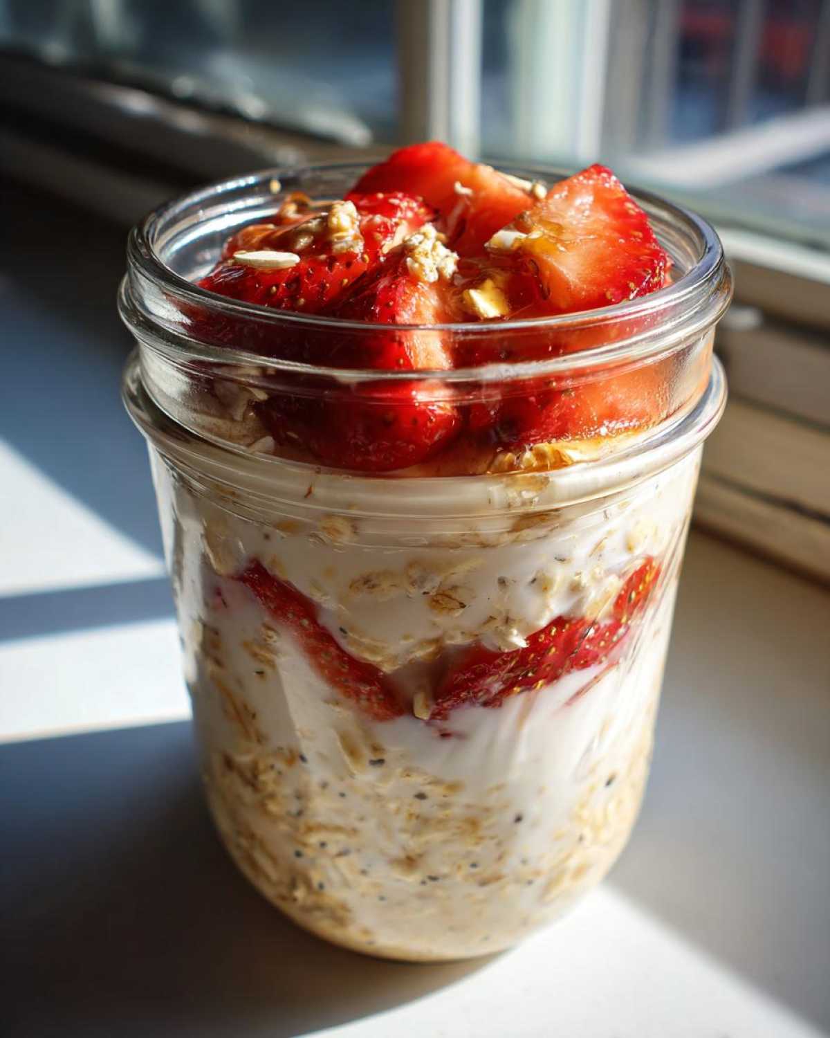 Close-up of a glass jar filled with layers of creamy overnight oats, fresh strawberries, and a drizzle of honey.
