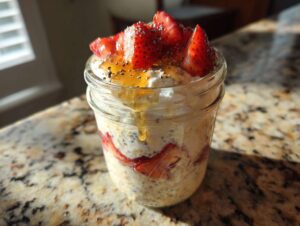 A glass jar filled with overnight oats, layered with sliced strawberries, topped with yogurt, honey, and chia seeds.