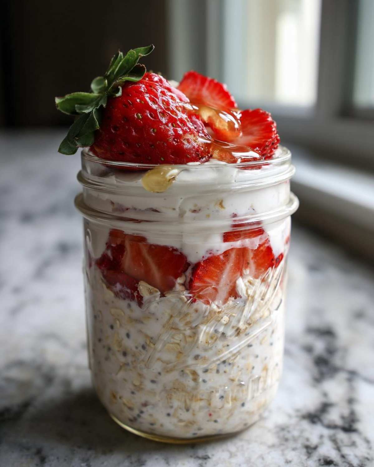 Close-up of overnight oats in a jar with layers of oats, strawberries, yogurt, and honey drizzle.