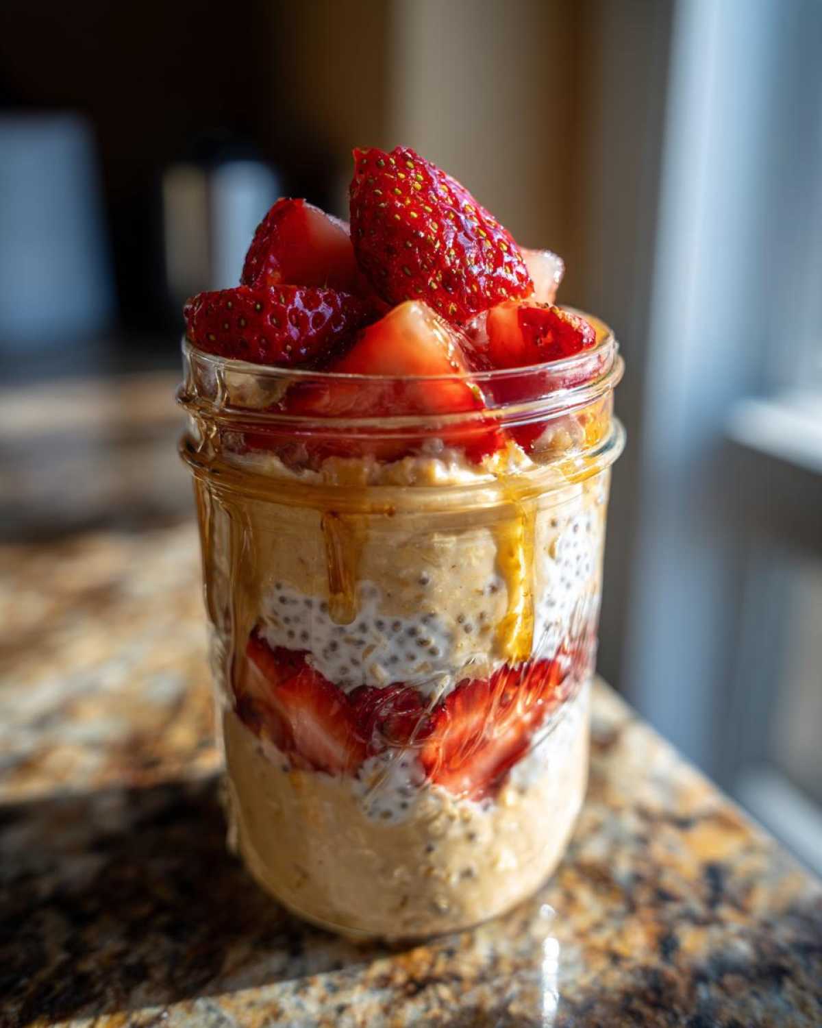 A glass jar filled with layers of overnight oats, fresh strawberries, and a drizzle of peanut butter or caramel sauce.