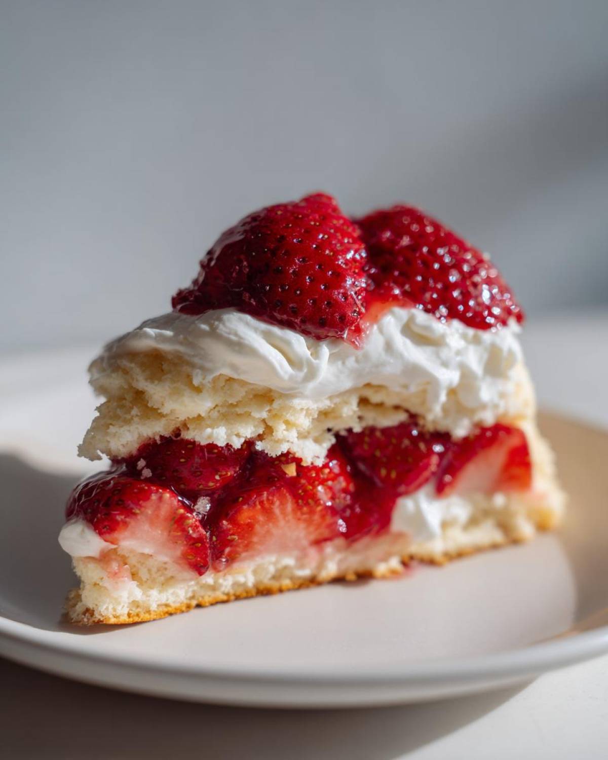 A close-up of a delicious slice of strawberry shortcake on a white plate, featuring layers of cake, fresh strawberries, and whipped cream.