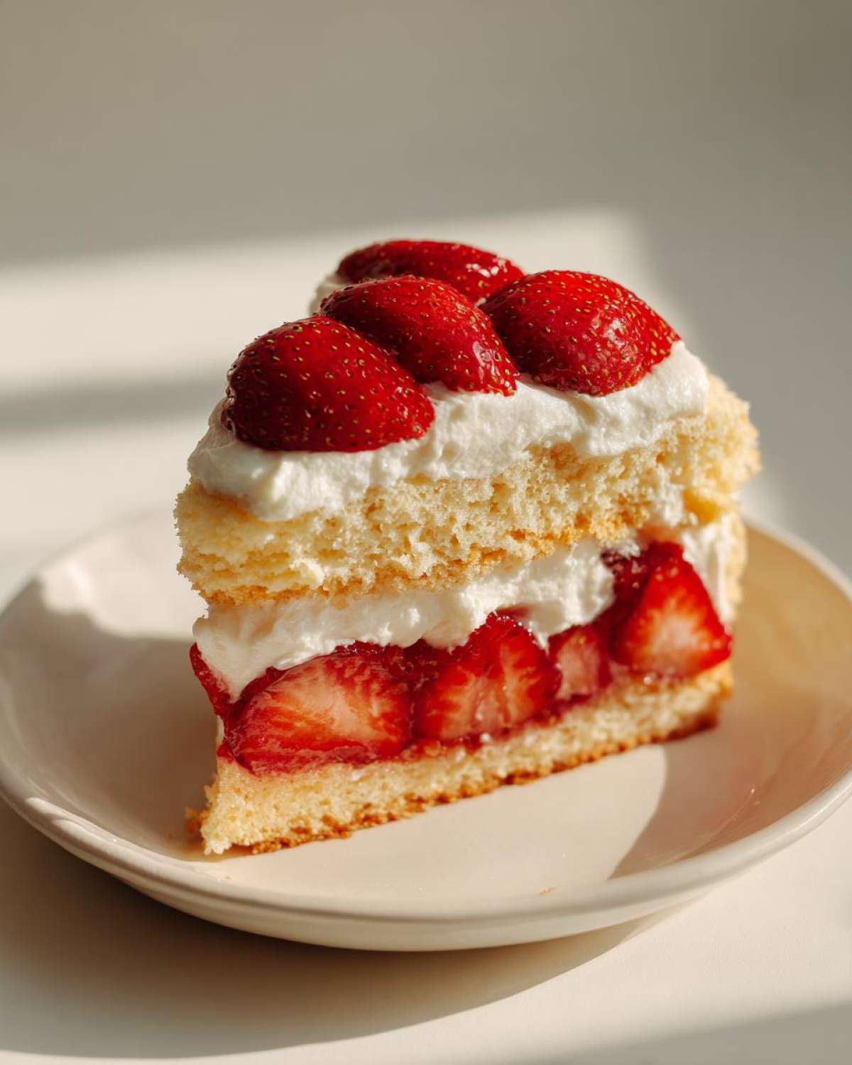 A close-up of a delicious slice of strawberry shortcake with layers of cake, whipped cream, and fresh strawberries.