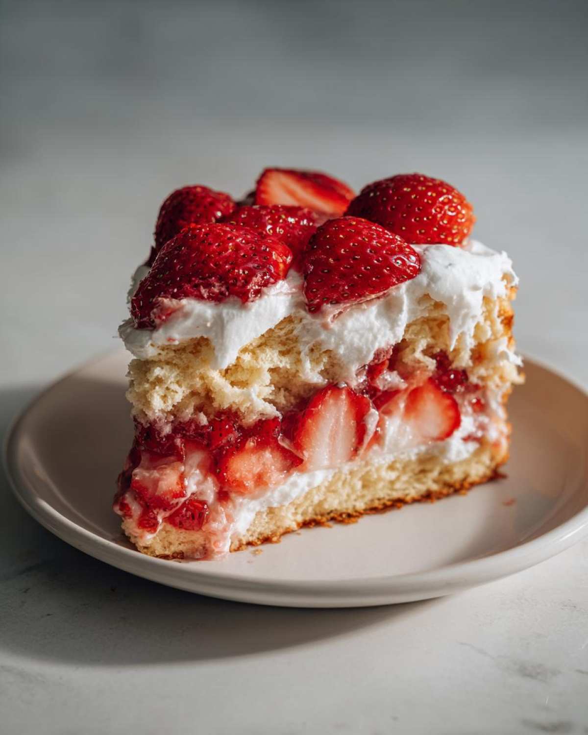 A close-up of a delicious slice of strawberry shortcake with layers of cake, whipped cream, and fresh strawberries.