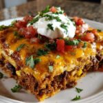 A close-up shot of a single slice of taco casserole topped with sour cream, diced tomatoes, and fresh cilantro.