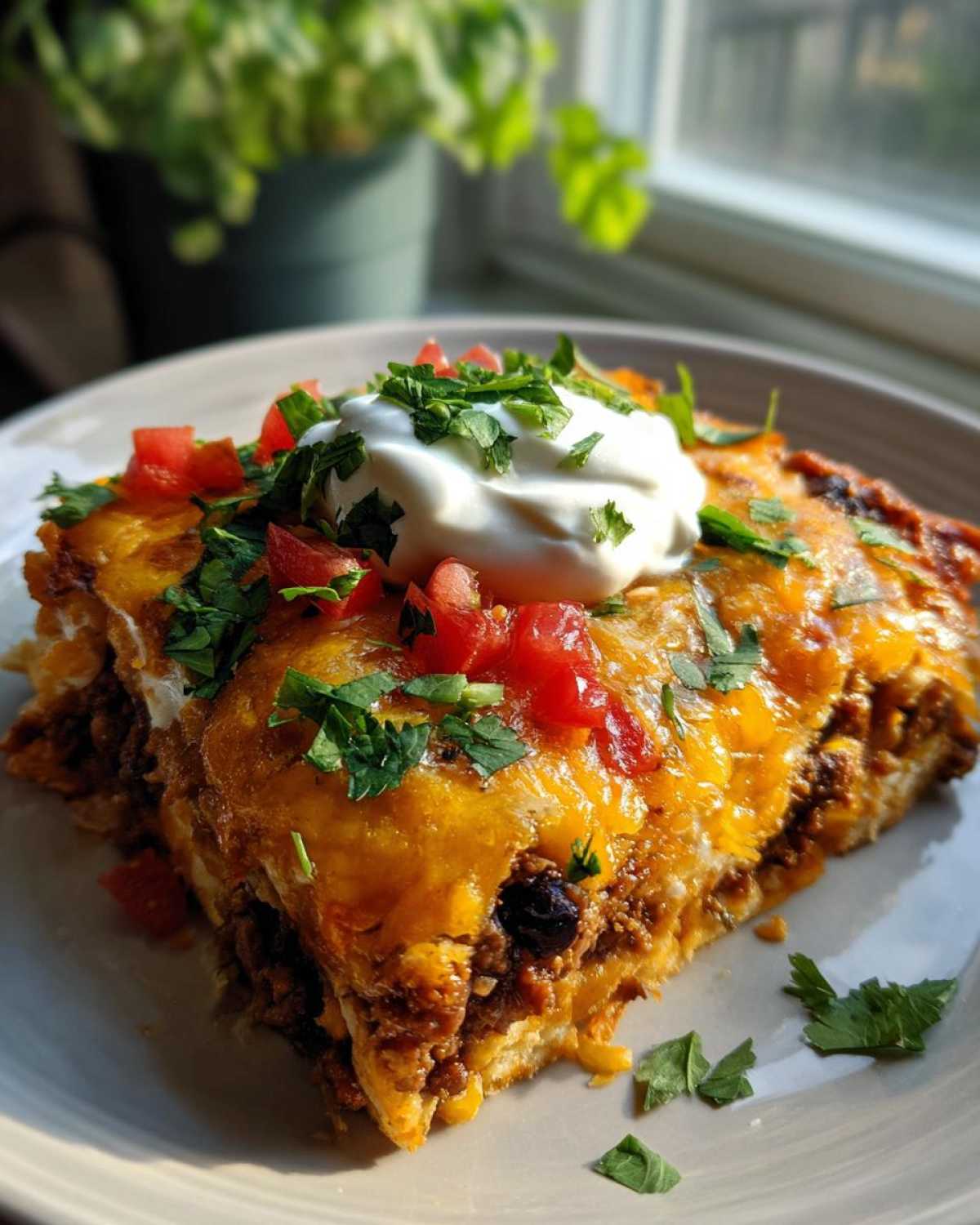 A close-up shot of a slice of cheesy taco casserole topped with sour cream, diced tomatoes, and fresh cilantro.