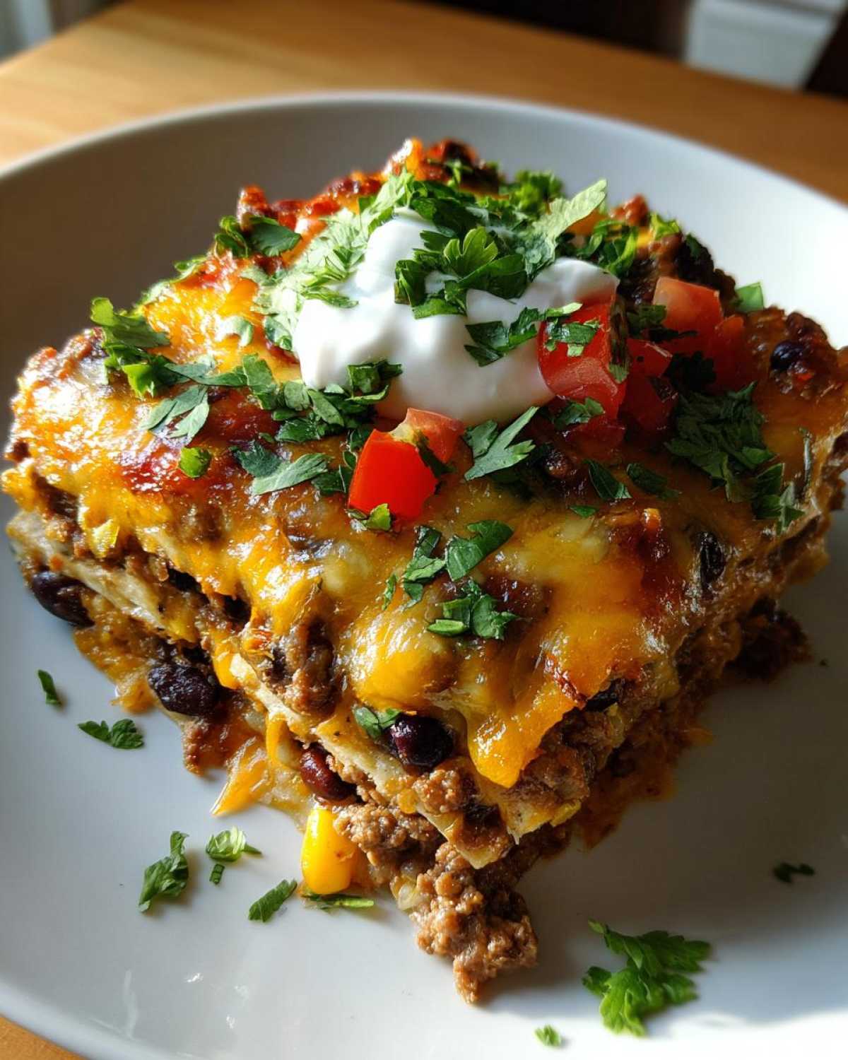 A close-up shot of a single serving of taco casserole topped with melted cheese, sour cream, diced tomatoes, and fresh cilantro.