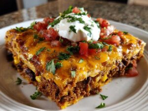 A close-up shot of a single slice of taco casserole topped with sour cream, diced tomatoes, and fresh cilantro.