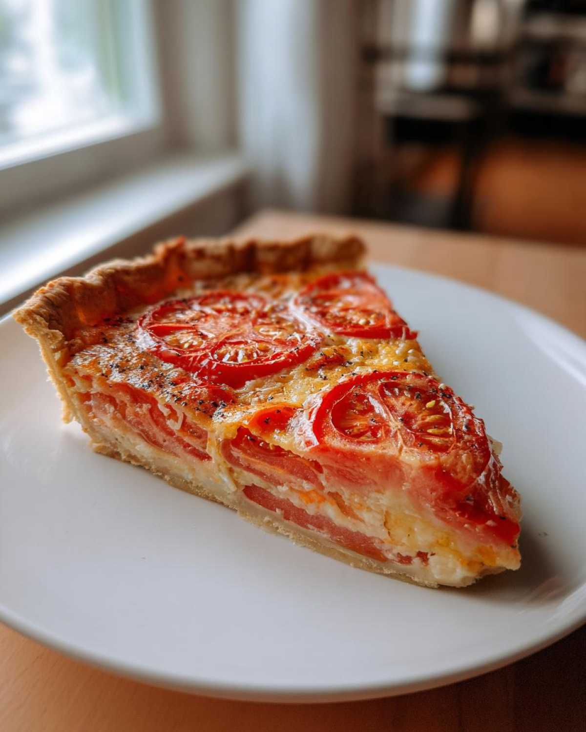 A close-up of a single slice of tomato pie on a white plate, showing layers of sliced tomatoes and cheese filling.