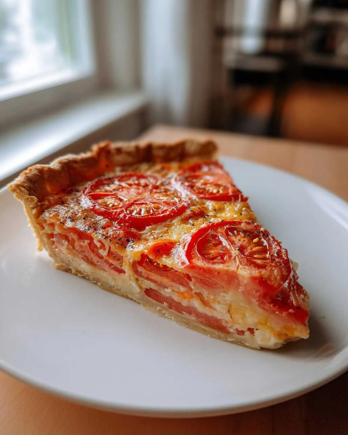 A close-up of a single slice of tomato pie on a white plate, showing layers of sliced tomatoes and cheese filling.