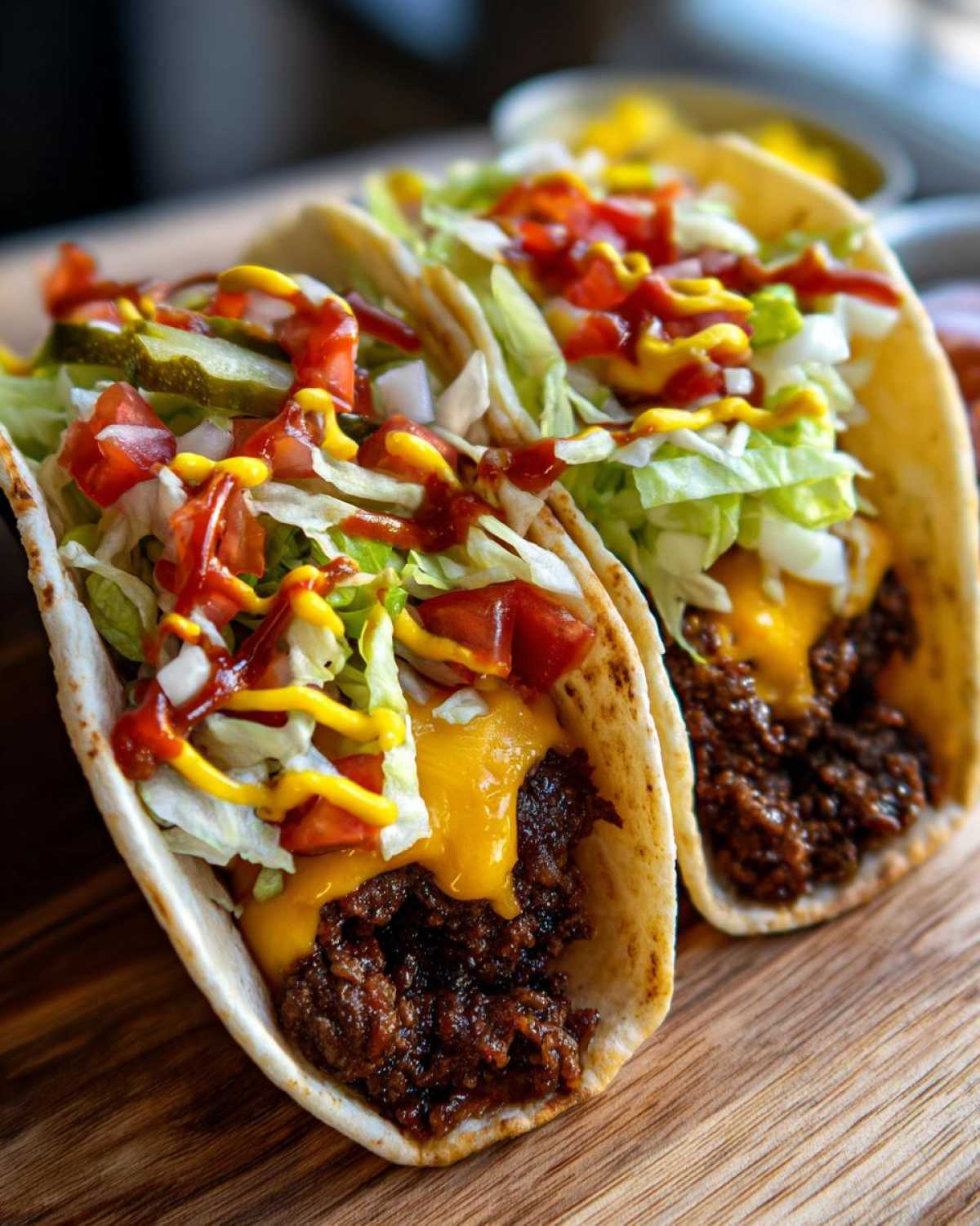 Two smash burger tacos filled with seasoned meat, melted cheese, lettuce, tomatoes, onions, pickles, ketchup, and mustard on a wooden board.
