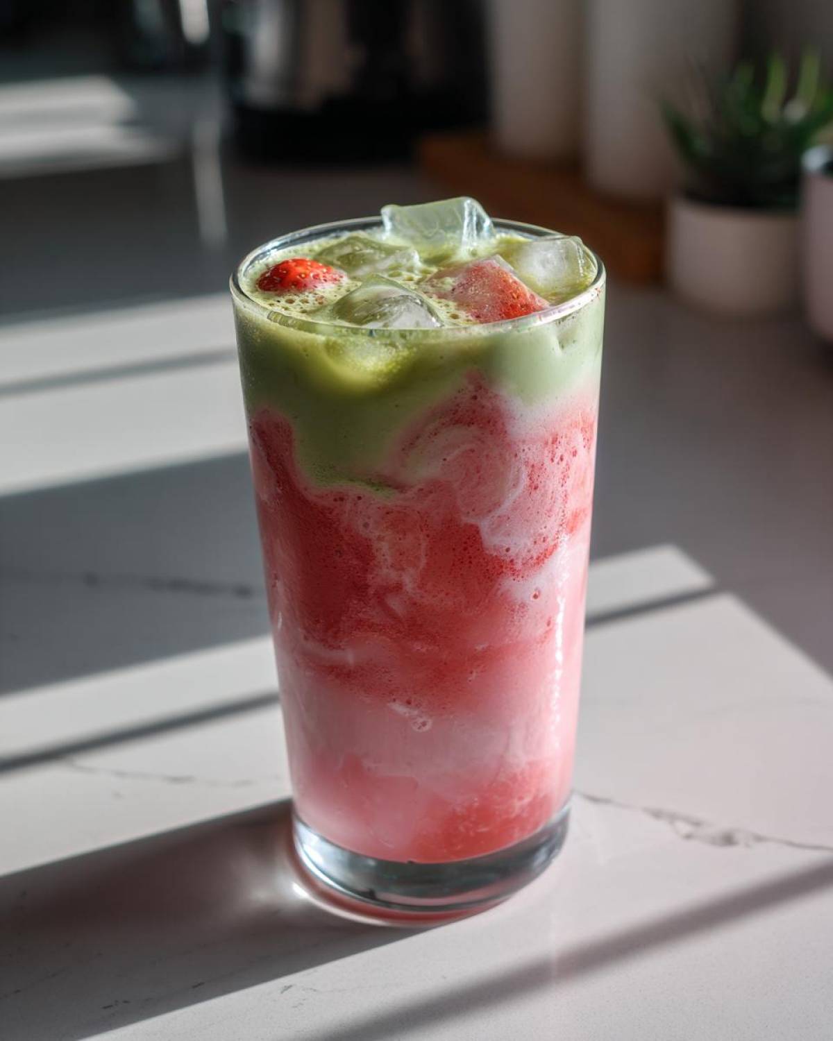 A tall glass of strawberry matcha latte with distinct layers of pink strawberry and green matcha, topped with ice and strawberry pieces.