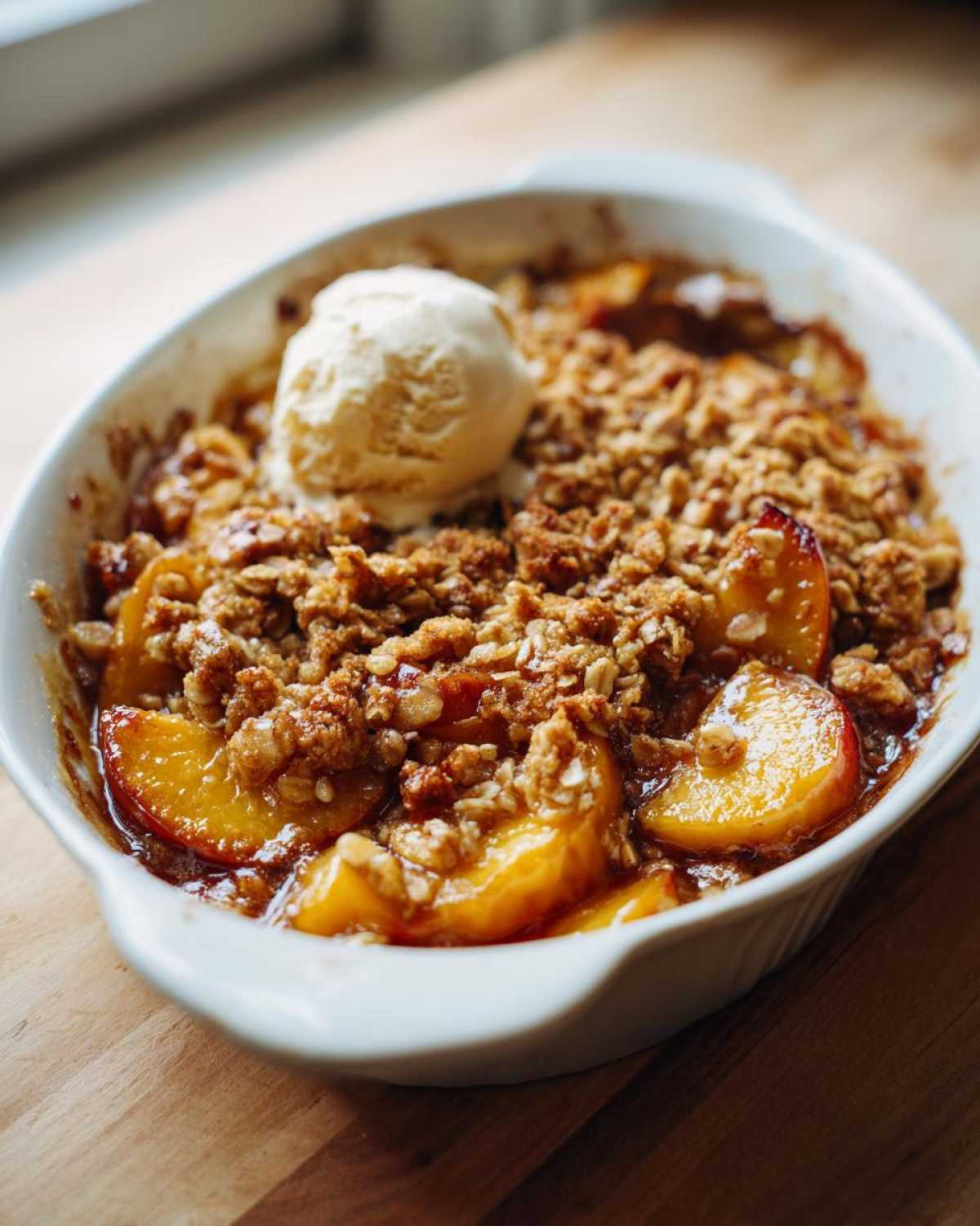 A close-up of a warm peach crisp in a white baking dish, topped with a scoop of melting vanilla ice cream.
