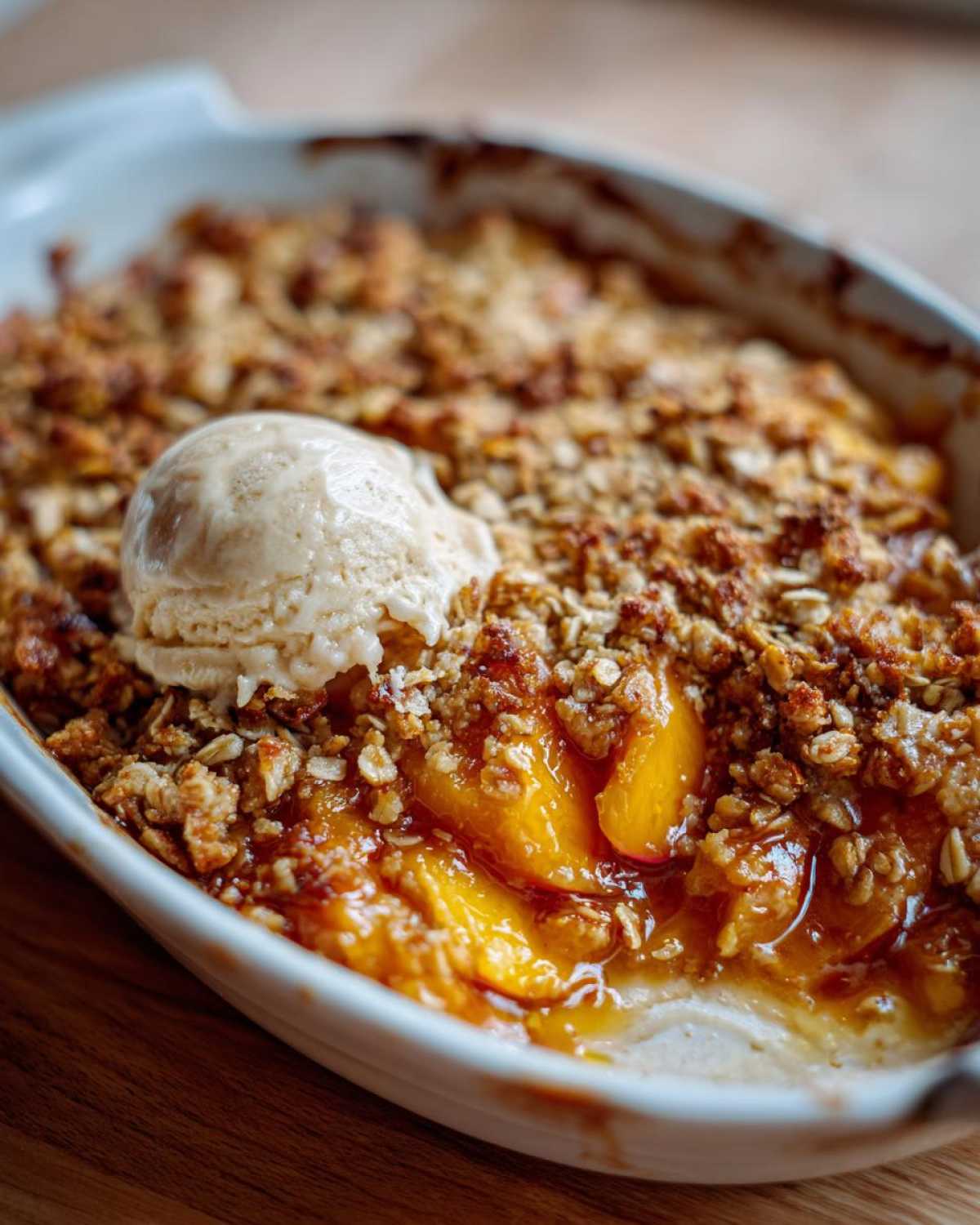 Close-up of a bubbling peach crisp in a white baking dish, topped with a scoop of melting vanilla ice cream.