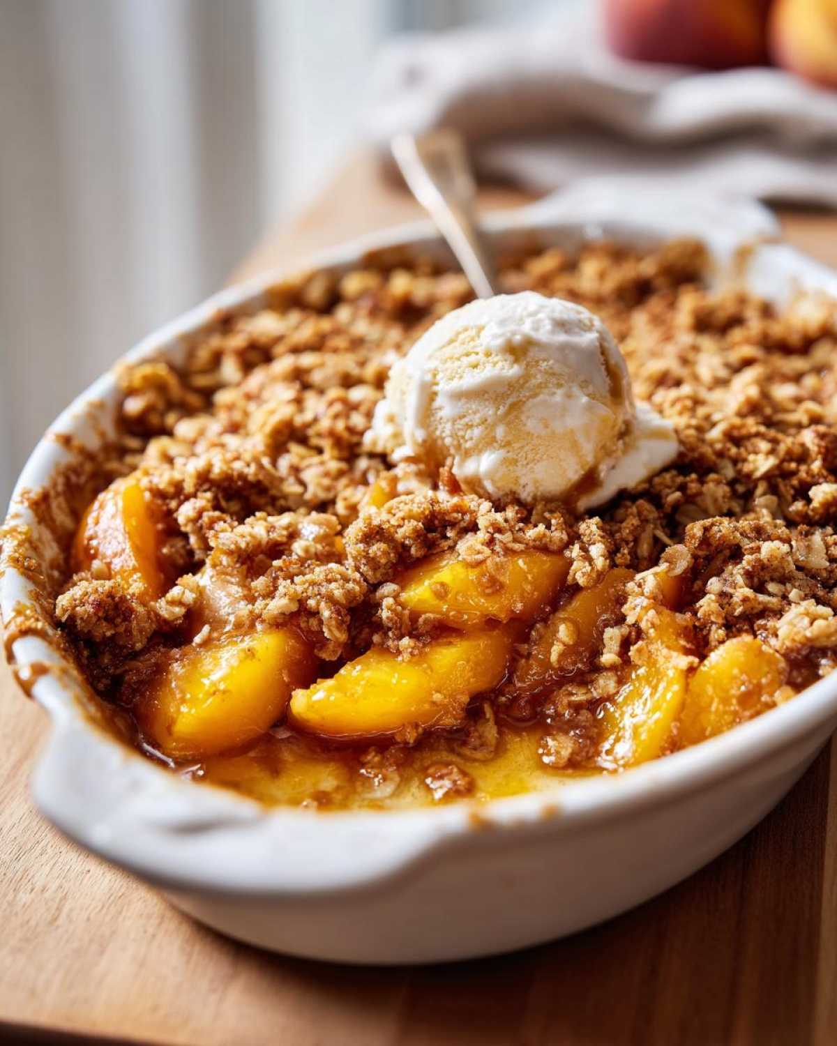 A close-up of a golden-brown peach crisp in a white baking dish, topped with a scoop of melting vanilla ice cream.