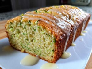A whole loaf of lemon zucchini bread with a lemon glaze drizzled over the top, sitting on a white plate.