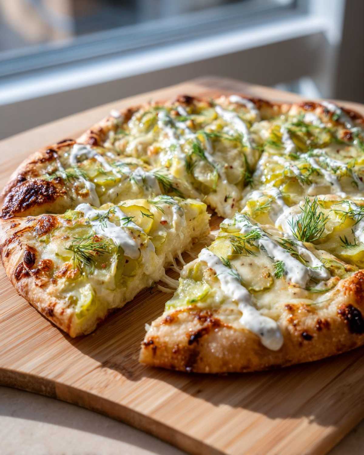 A whole pickle pizza on a wooden cutting board, with one slice pulled out showing melted cheese and dill.