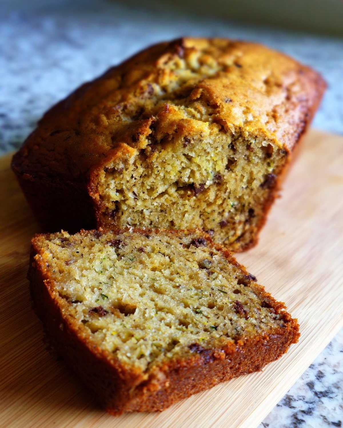 A freshly baked loaf of zucchini banana bread with a slice cut and placed in front, showing the moist texture and chocolate chips.