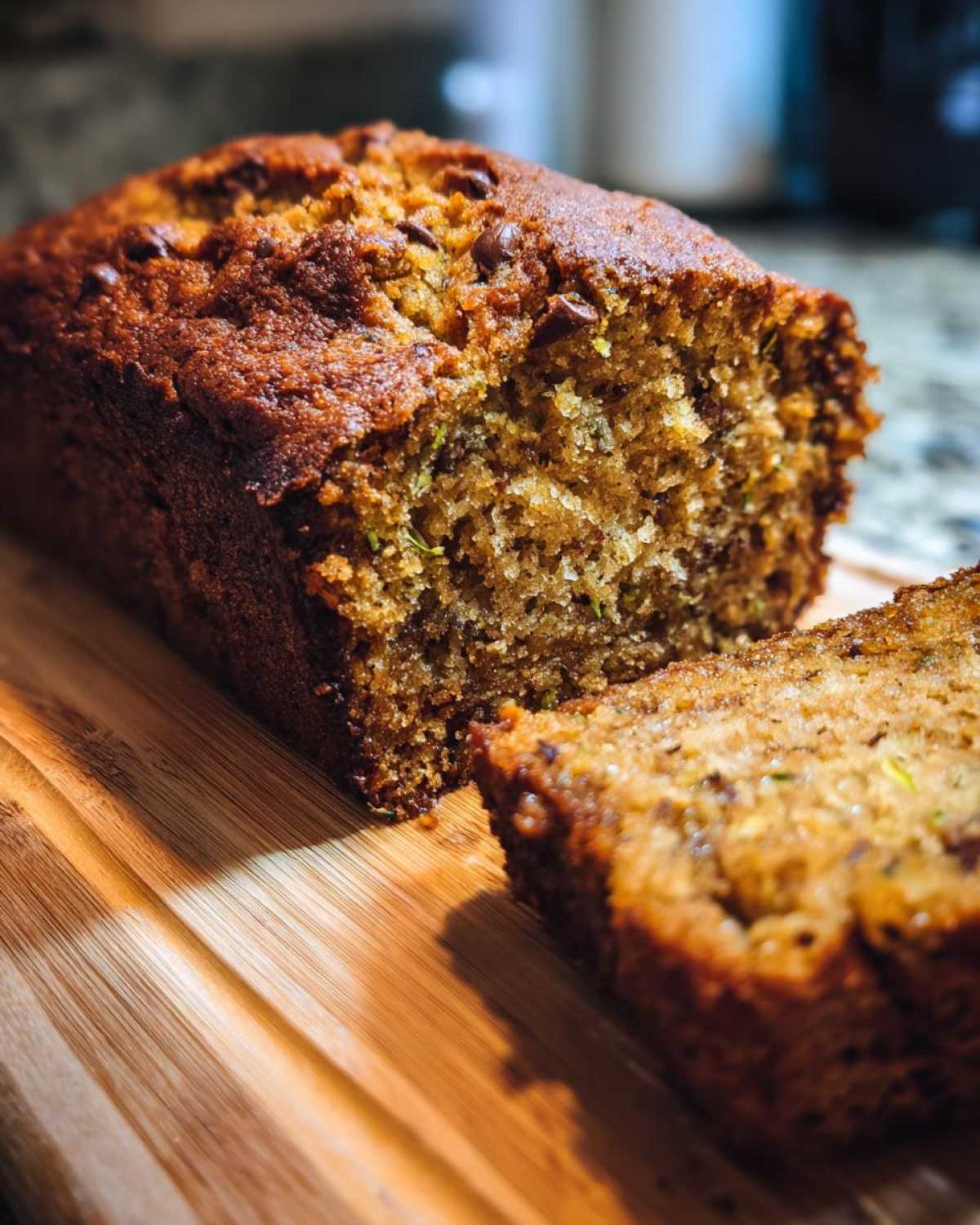 A freshly baked loaf of zucchini banana bread with one slice cut, showing the moist texture and specks of zucchini.