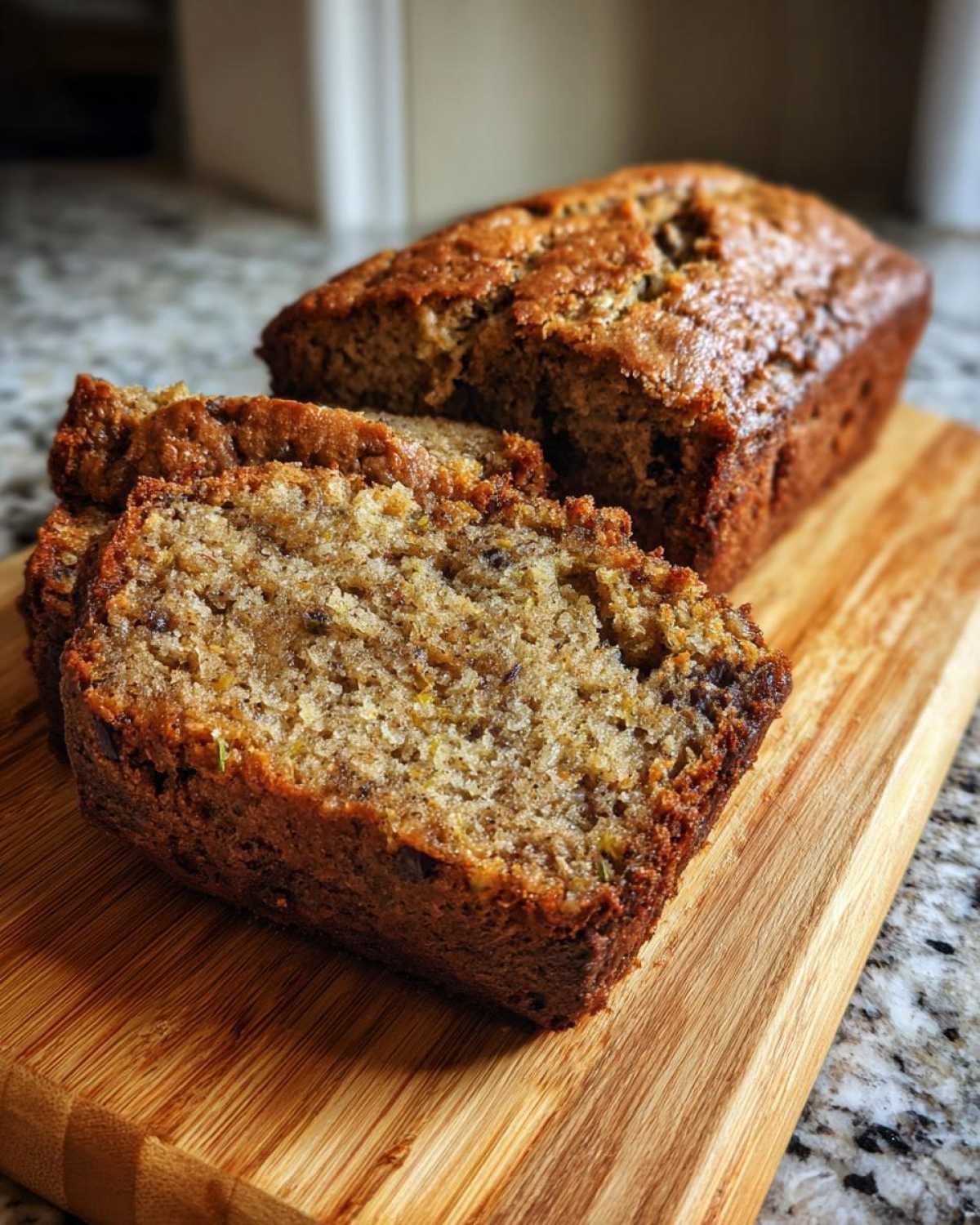A freshly baked loaf of zucchini banana bread with several slices cut and placed on a wooden cutting board.