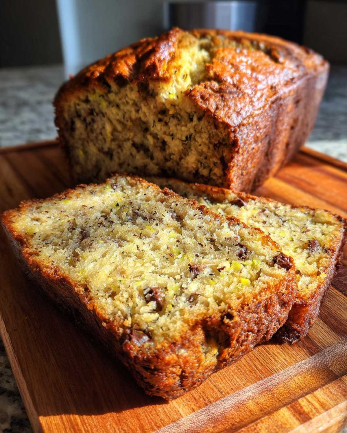 Close-up of sliced zucchini banana bread on a wooden cutting board.
