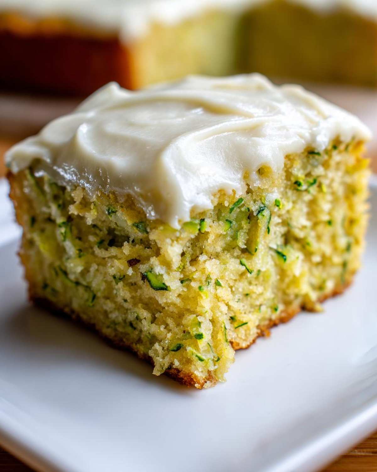 A close-up shot of a single slice of zucchini bars on a white plate, topped with creamy white frosting.