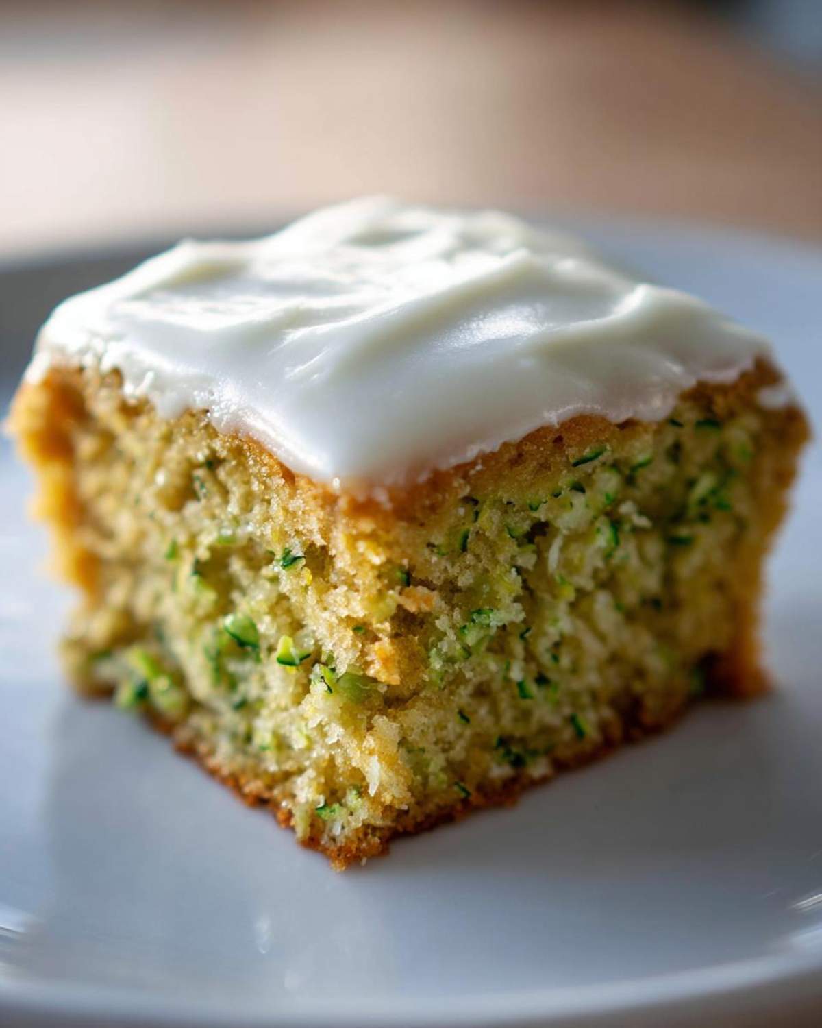 Close-up of a single square zucchini bar topped with thick white cream cheese frosting, showing green zucchini flecks.