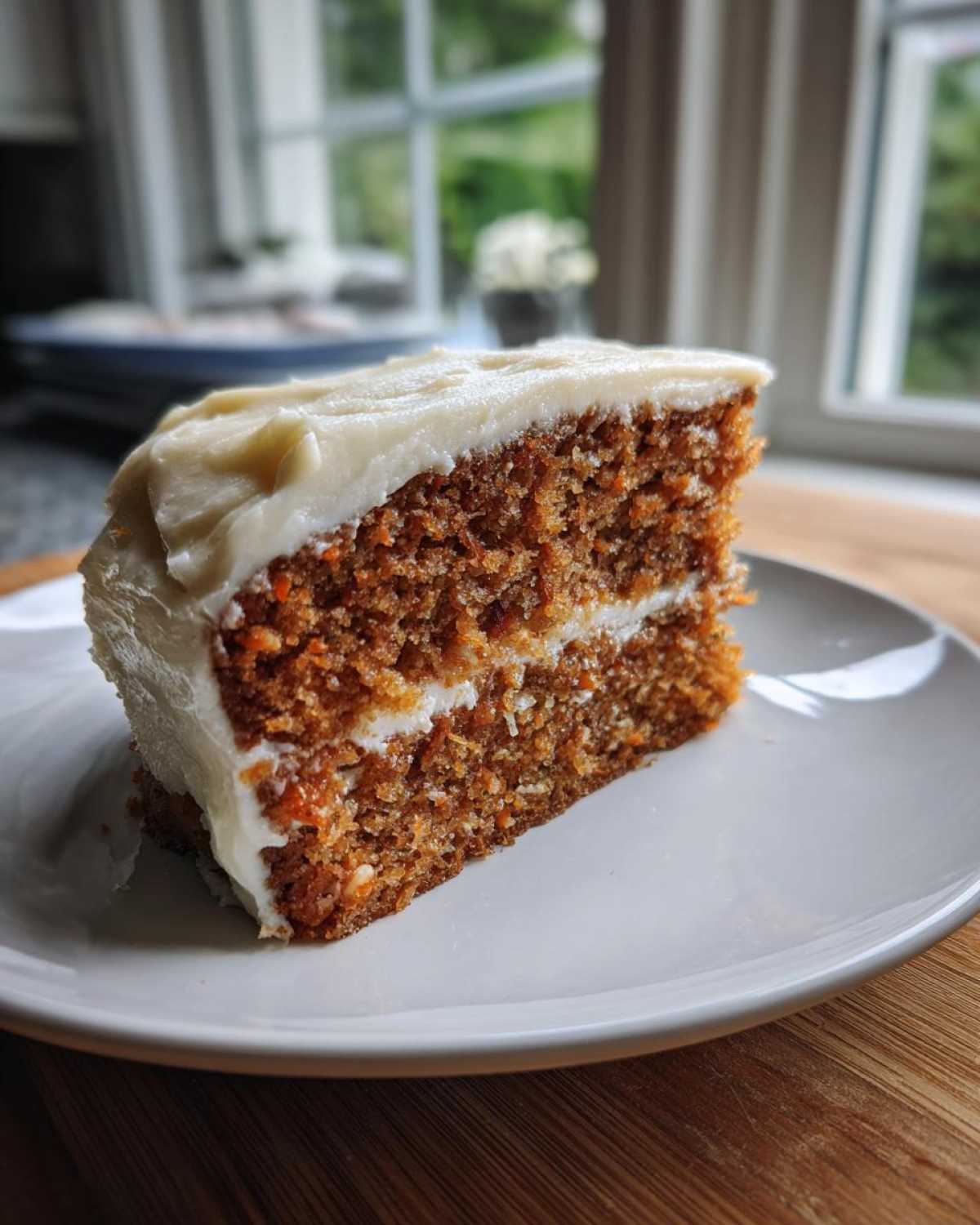 A close-up of a slice of zucchini cake with a thick layer of white cream cheese frosting on top and in the middle.
