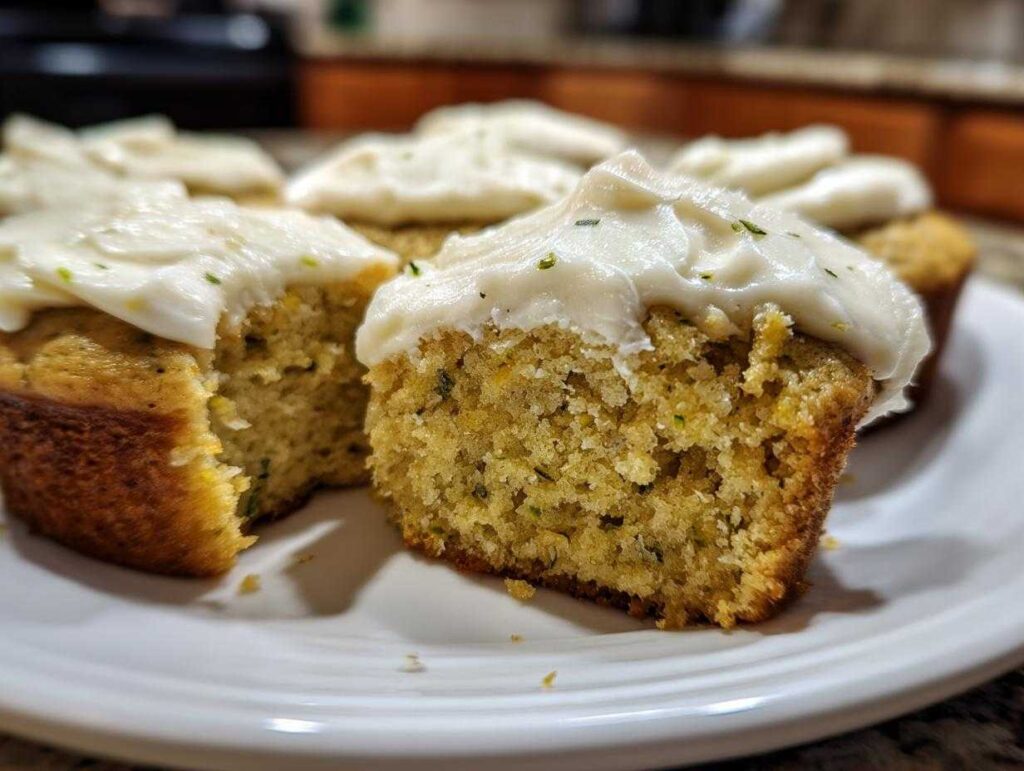 A close-up of two zucchini cookies on a white plate, one whole and one split open, showing the moist interior and white frosting.