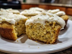 A close-up of two zucchini cookies on a white plate, one whole and one split open, showing the moist interior and white frosting.