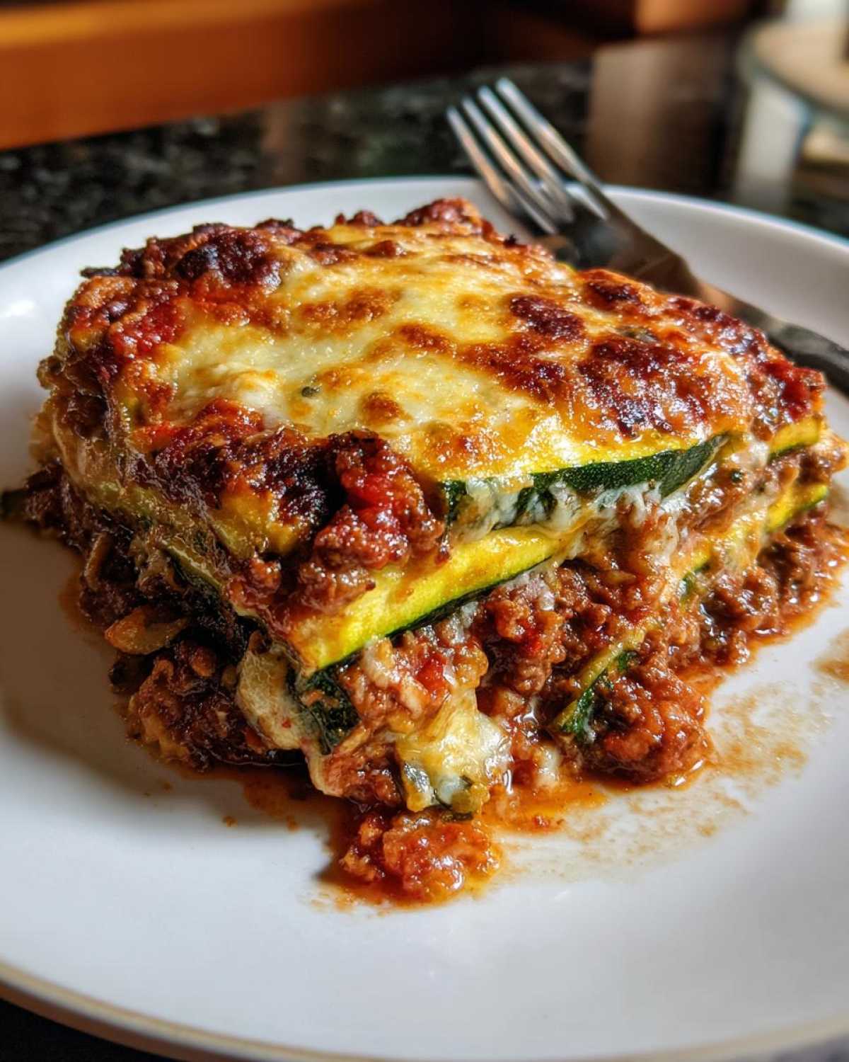 Close-up of a single slice of zucchini lasagna on a white plate, showing layers of zucchini, meat sauce, and melted cheese.
