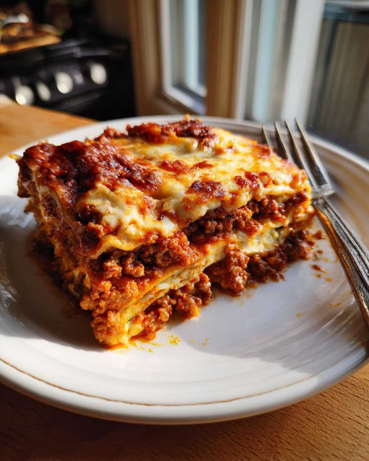 A close-up shot of a generous slice of zucchini lasagna on a white plate, showing layers of meat sauce, cheese, and zucchini noodles.
