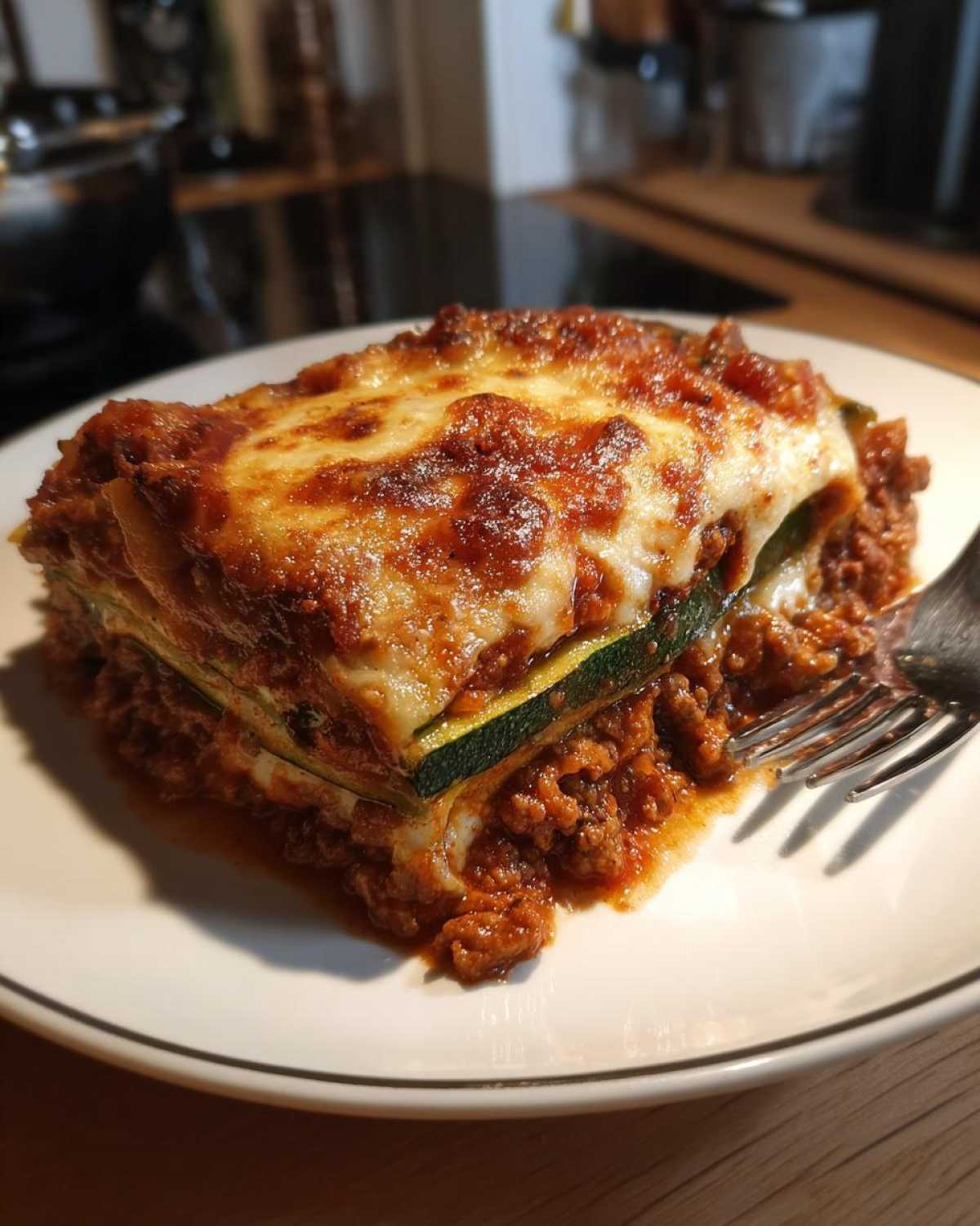 A close-up of a generous slice of zucchini lasagna on a white plate, showing layers of zucchini, meat sauce, and melted cheese.