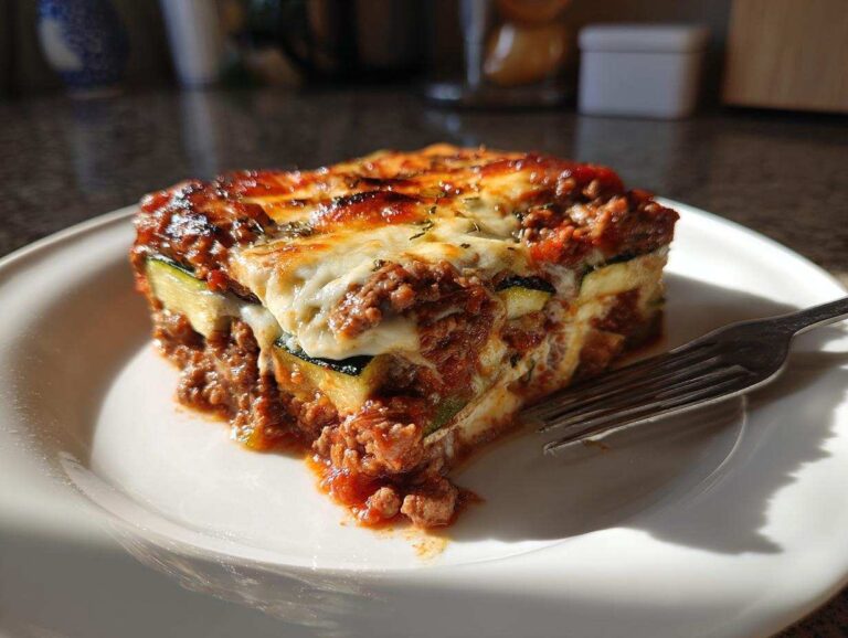 A close-up shot of a single serving of zucchini lasagna on a white plate, showing layers of zucchini, meat sauce, and melted cheese.