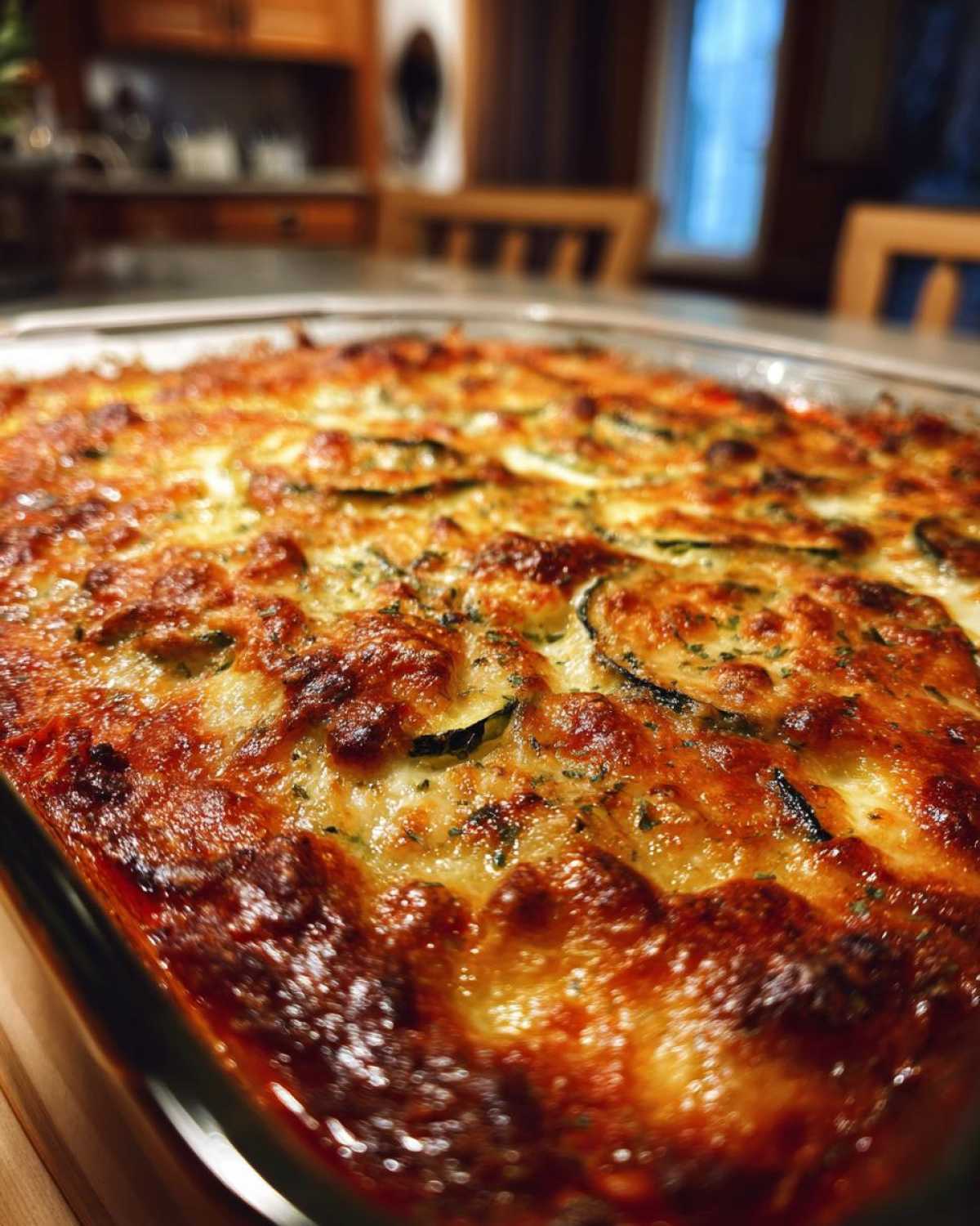 Close-up of a baked zucchini parmesan casserole in a glass dish, showing golden brown cheese and sliced zucchini.