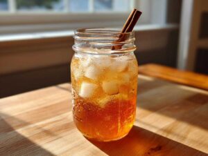 Refreshing apple cider cocktail in a mason jar with ice and cinnamon sticks.