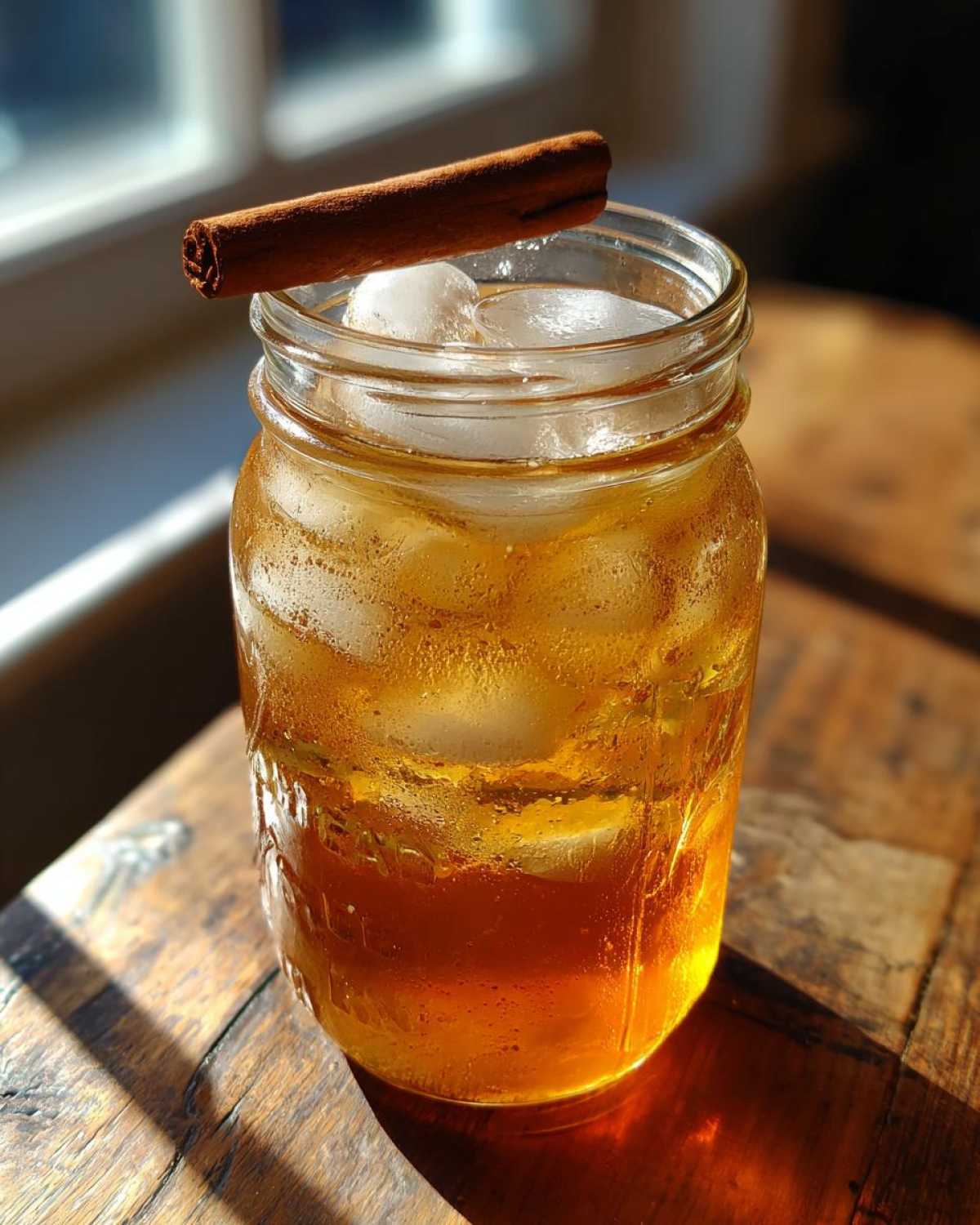 Refreshing apple cider cocktail in a mason jar with ice and a cinnamon stick garnish.