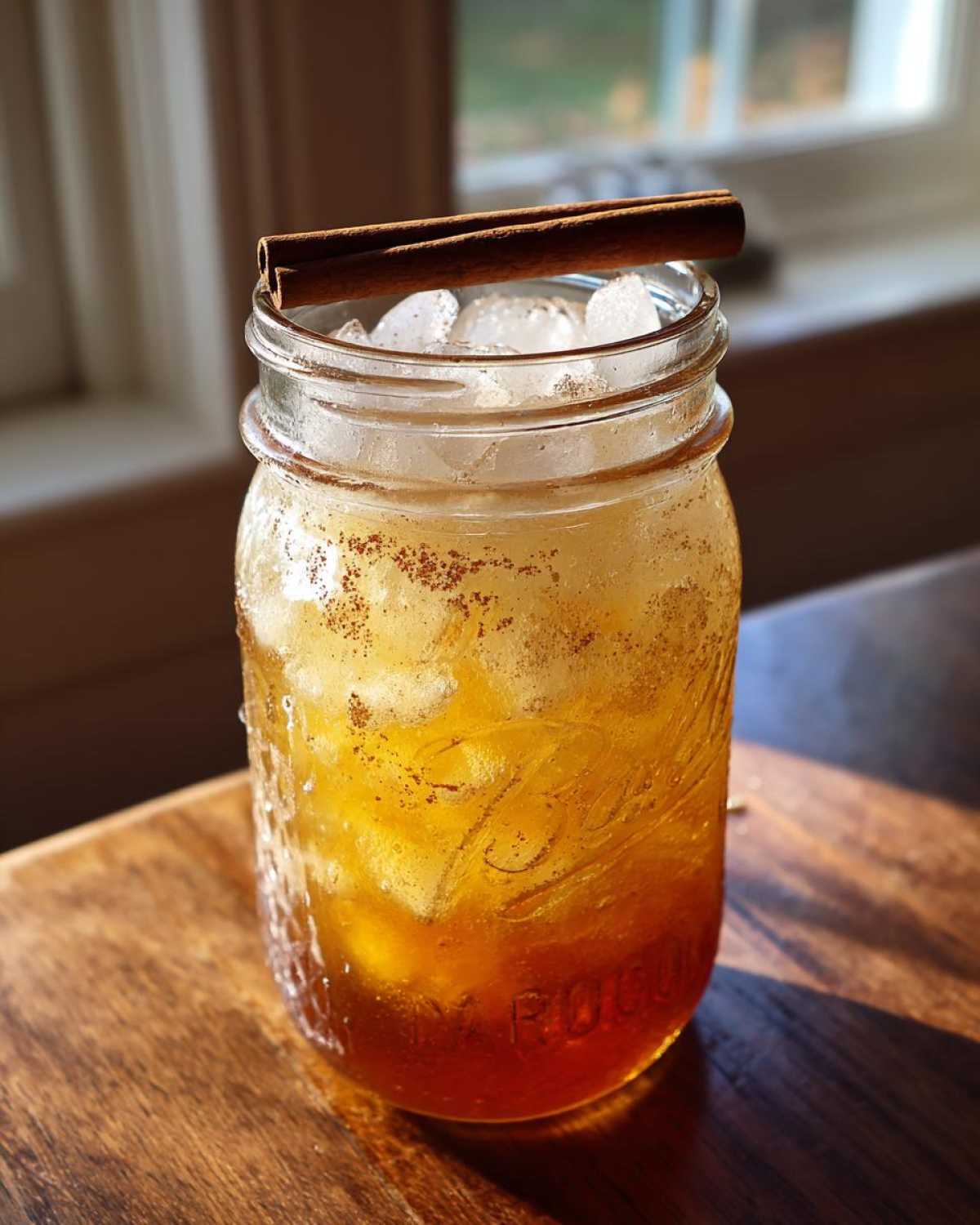 Refreshing apple cider cocktail in a mason jar with ice and a cinnamon stick garnish.