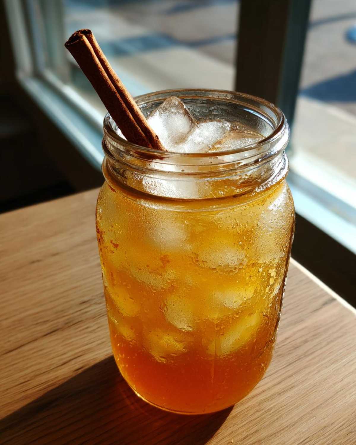 Refreshing apple cider cocktail in a mason jar with ice and a cinnamon stick.