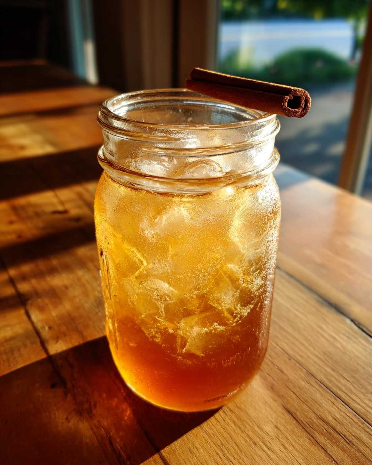 Refreshing apple cider cocktail with ice in a mason jar, garnished with a cinnamon stick.