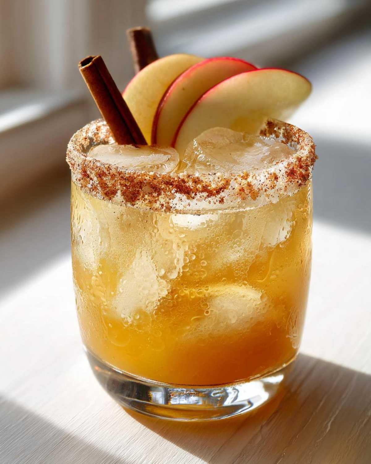 A delicious apple cider margarita garnished with apple slices and cinnamon sticks, served in a glass with a cinnamon-sugar rim.