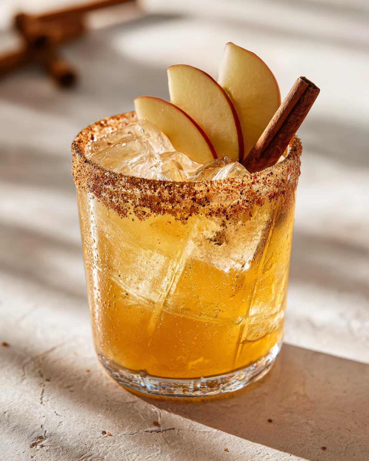 A refreshing apple cider margarita with a cinnamon sugar rim, apple slices, and a cinnamon stick garnish.