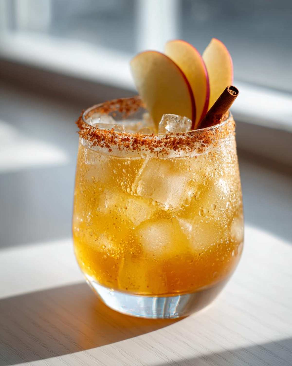 Icy apple cider margarita in a glass with cinnamon sugar rim, apple slices, and cinnamon stick garnish.
