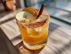 A delicious apple cider margarita with a cinnamon sugar rim, apple slices, and a cinnamon stick garnish.
