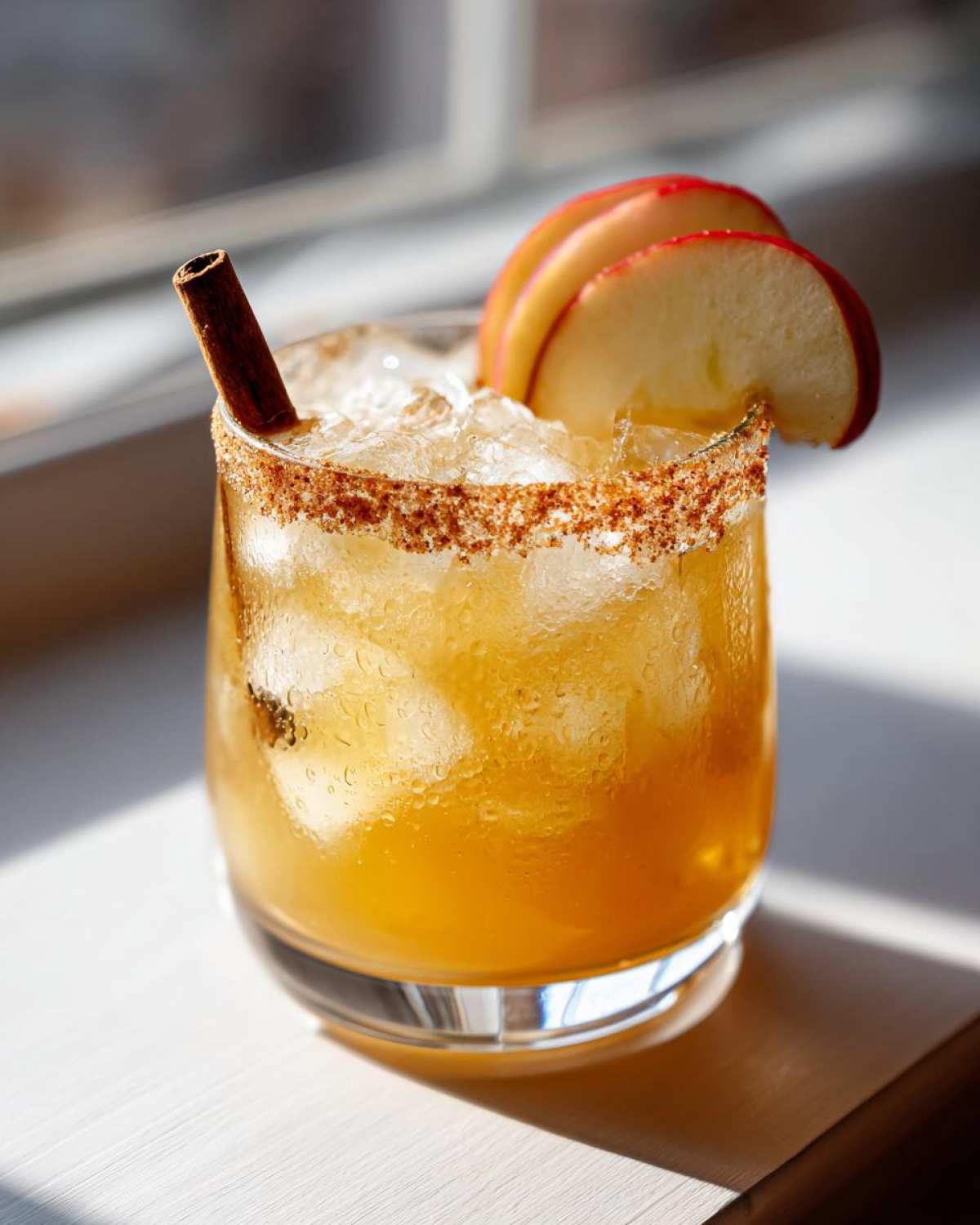 Icy apple cider margarita in a glass with cinnamon rim, apple slices, and cinnamon stick garnish.