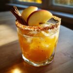 A refreshing apple cider margarita with a cinnamon sugar rim, apple slices, and a cinnamon stick garnish.