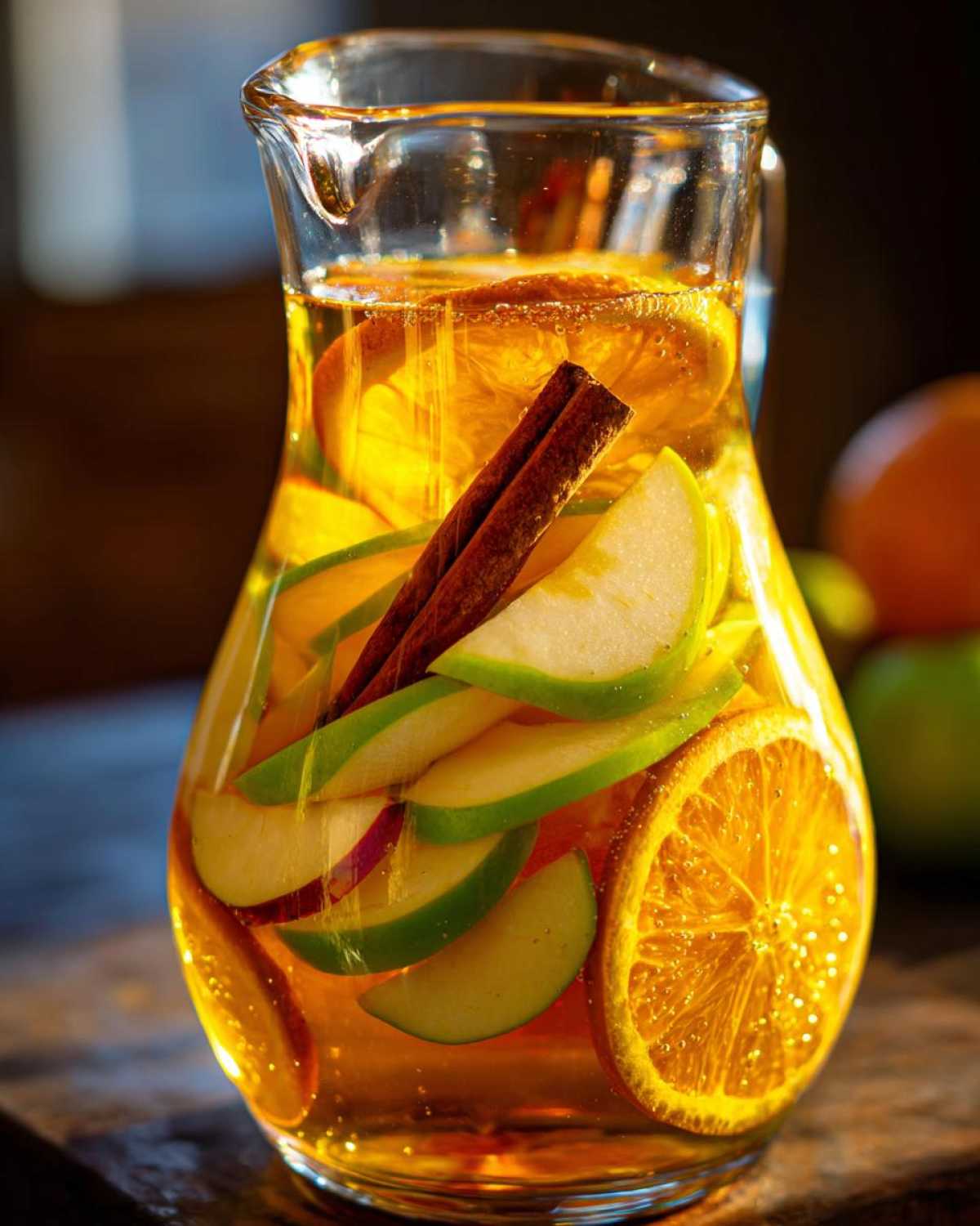 A glass pitcher filled with apple cider sangria, featuring apple slices, orange slices, and cinnamon sticks.