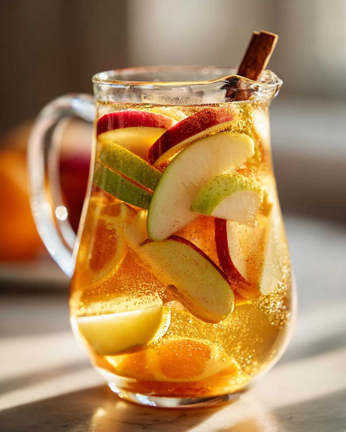 A glass pitcher filled with apple cider sangria, featuring apple and orange slices, and a cinnamon stick.