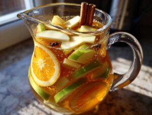 A glass pitcher filled with apple cider sangria, featuring apple slices, orange slices, and cinnamon sticks.